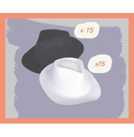 Lot de 30 chapeaux Borsalino feutrine : élégance en noir et blanc.