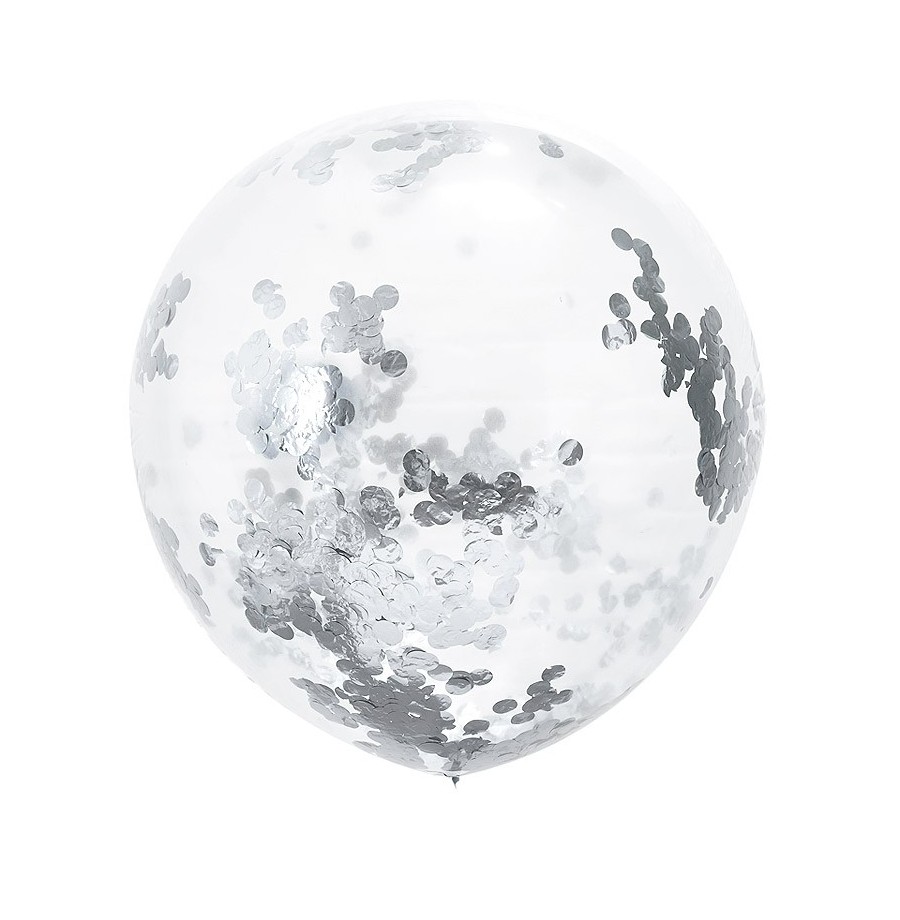 Ballon géant 86 cm transparent avec confettis rond argent