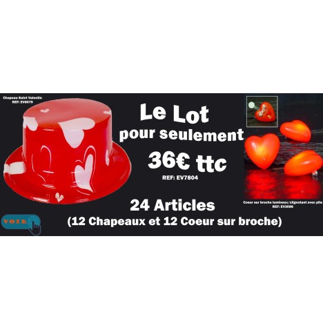 Lot Saint-Valentin : chapeaux cœur et cœurs rouges lumineux