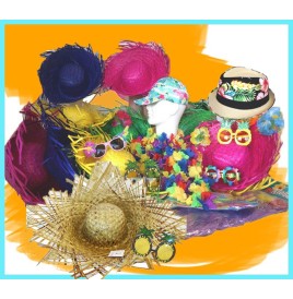 Ensemble tropical : chapeaux, jupes, colliers, lunettes, casquette