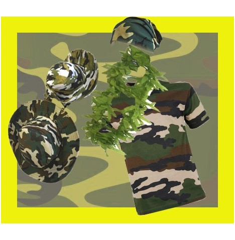 Lot camouflage : chapeaux, bandanas, colliers et tee-shirts inclus.