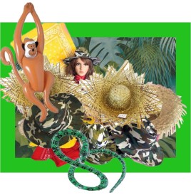 Lot Jungle : chapeaux, bandanas, singe, serpent et colliers feuille