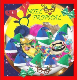 Noël tropical : chapeaux hawaïens, colliers, lunettes, bonnets.