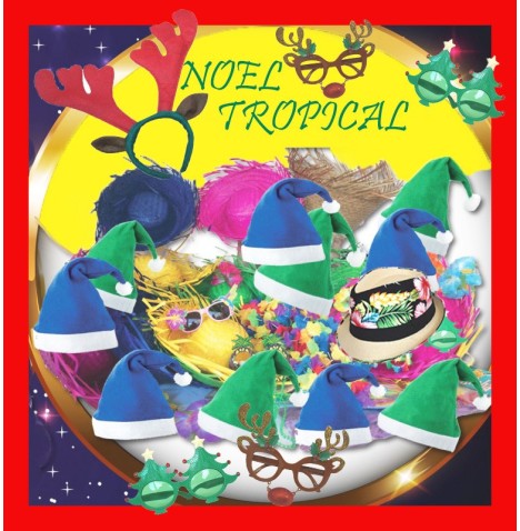 Noël tropical : chapeaux hawaïens, colliers, lunettes, bonnets.