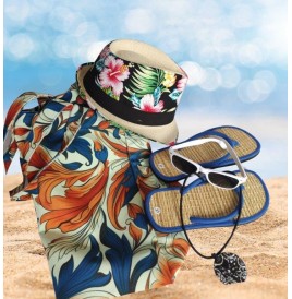 la plage, ensemble chapeau, lunette, tong, sac, bijou