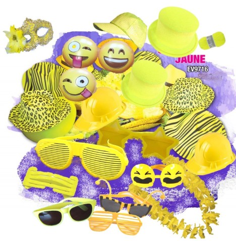 soirée Jaune , chapeaux, lunettes, colliers, masques, perruque Jaunes.