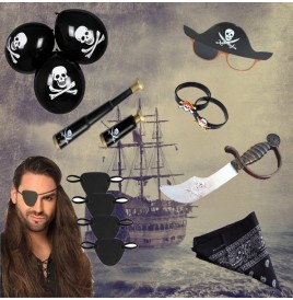 Lot de 41 accessoires pirates : lunettes, sabres, bandanas et plus.