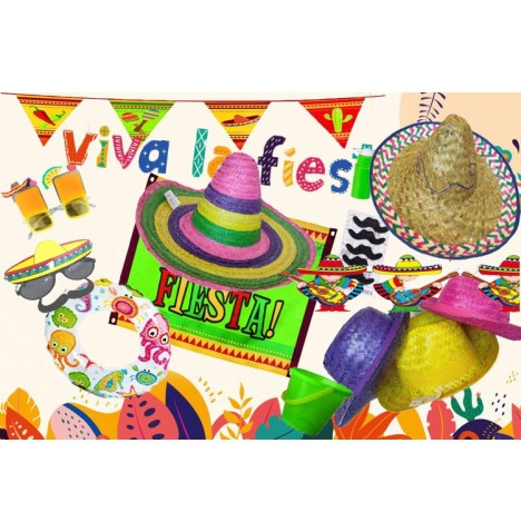 Lot Fiesta : sombreros, lunettes, guirlandes, ballons, bouée borsalino