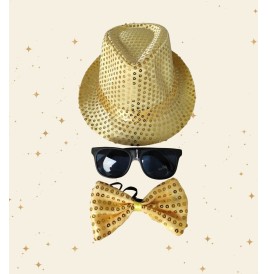 Kit Accessoire Or – Borsalino à Sequins, Lunettes Noires & Nœud OR