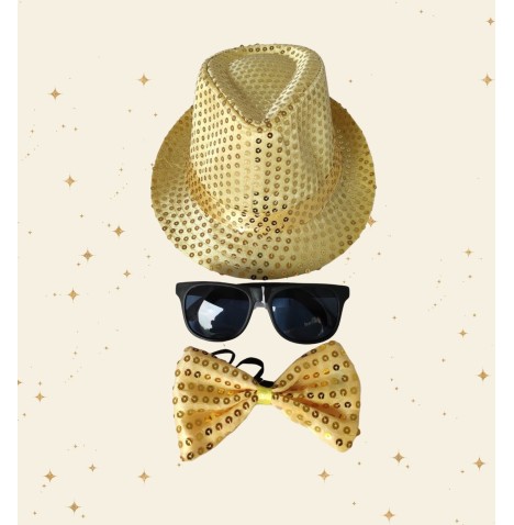 Kit Accessoire Or – Borsalino à Sequins, Lunettes Noires & Nœud OR