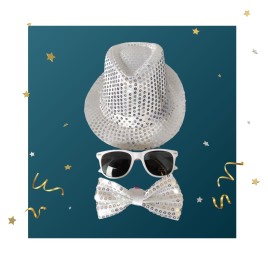 Kit Accessoire Or – Borsalino à Sequins, Lunettes Noires & Nœud