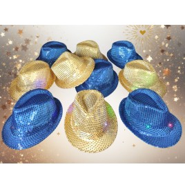 Lot 10 Borsalinos LED Or et Bleu – Chapeaux Lumineux pour Fêtes
