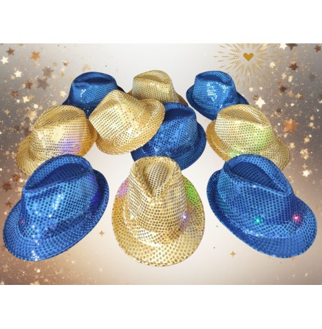 Lot 10 Borsalinos LED Or et Bleu – Chapeaux Lumineux pour Fêtes