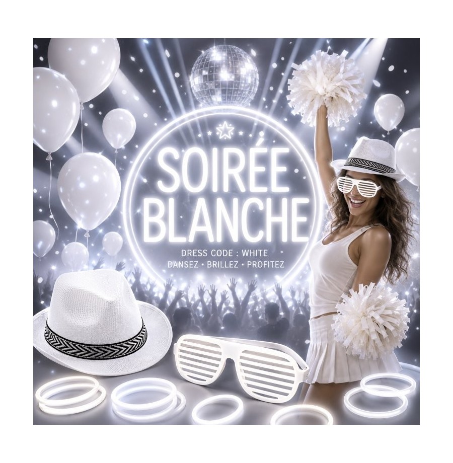 Lot blanc festif : accessoires blancs pour soirées 100 % lumineuses Lot blanc festif : accessoires blancs pour soirées 100 % lumineuses