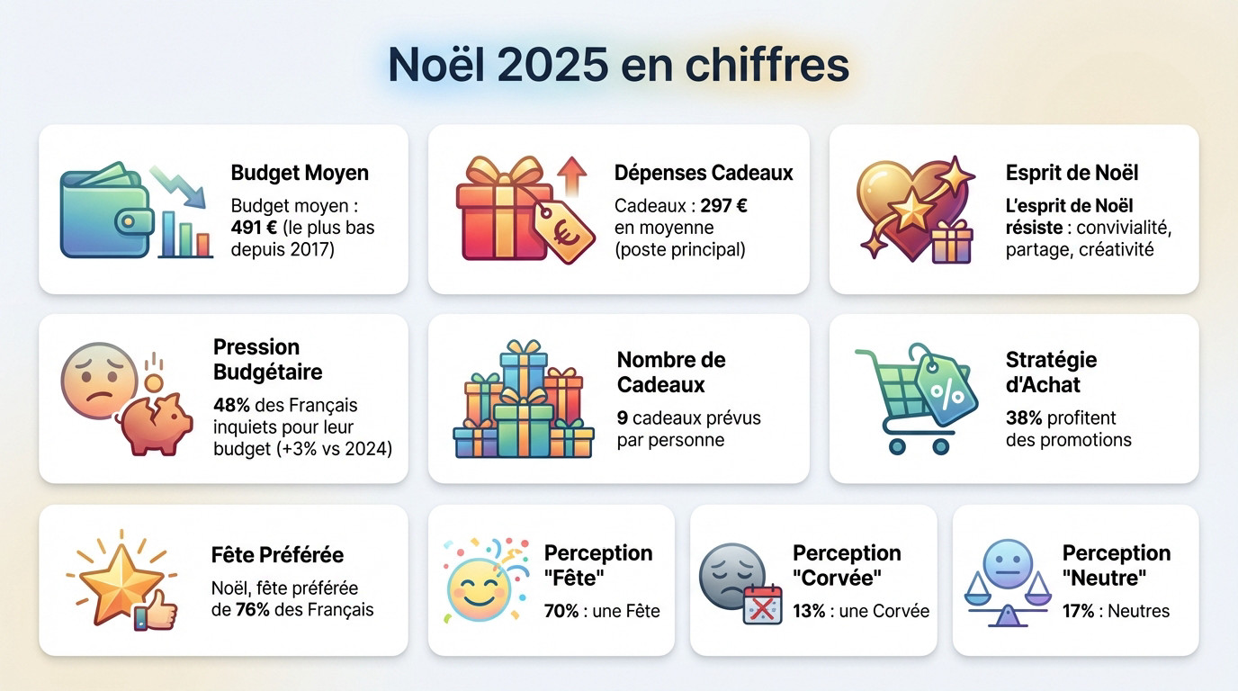 Graphique illustrant la baisse du budget moyen de Noël 2025 et la répartition des dépenses des ménages français