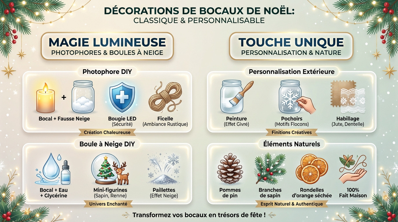 Bocaux en verre transformés en décorations de Noël avec bougies et neige artificielle