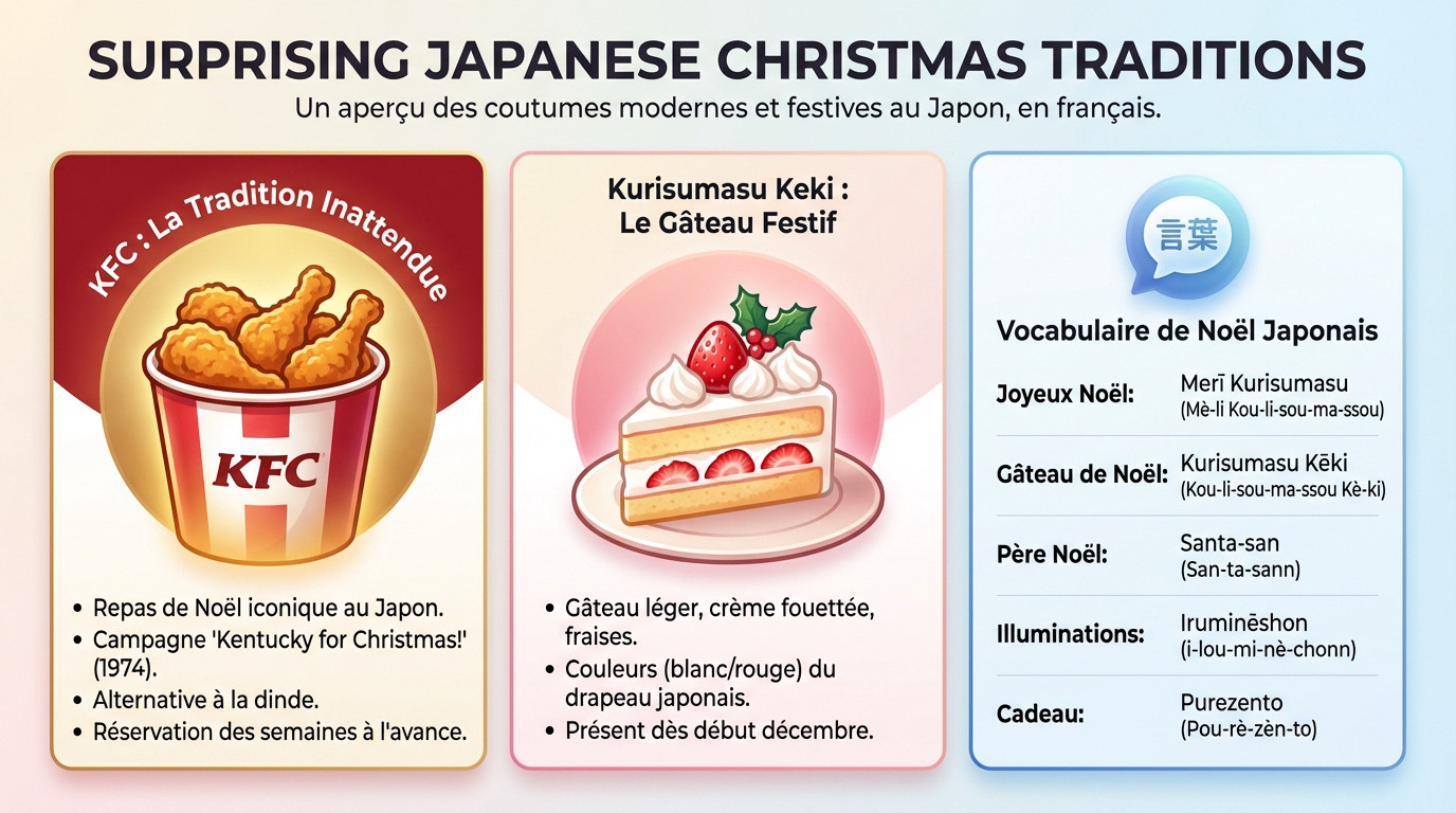 Repas de Noël japonais typique avec du poulet frit KFC et un gâteau aux fraises