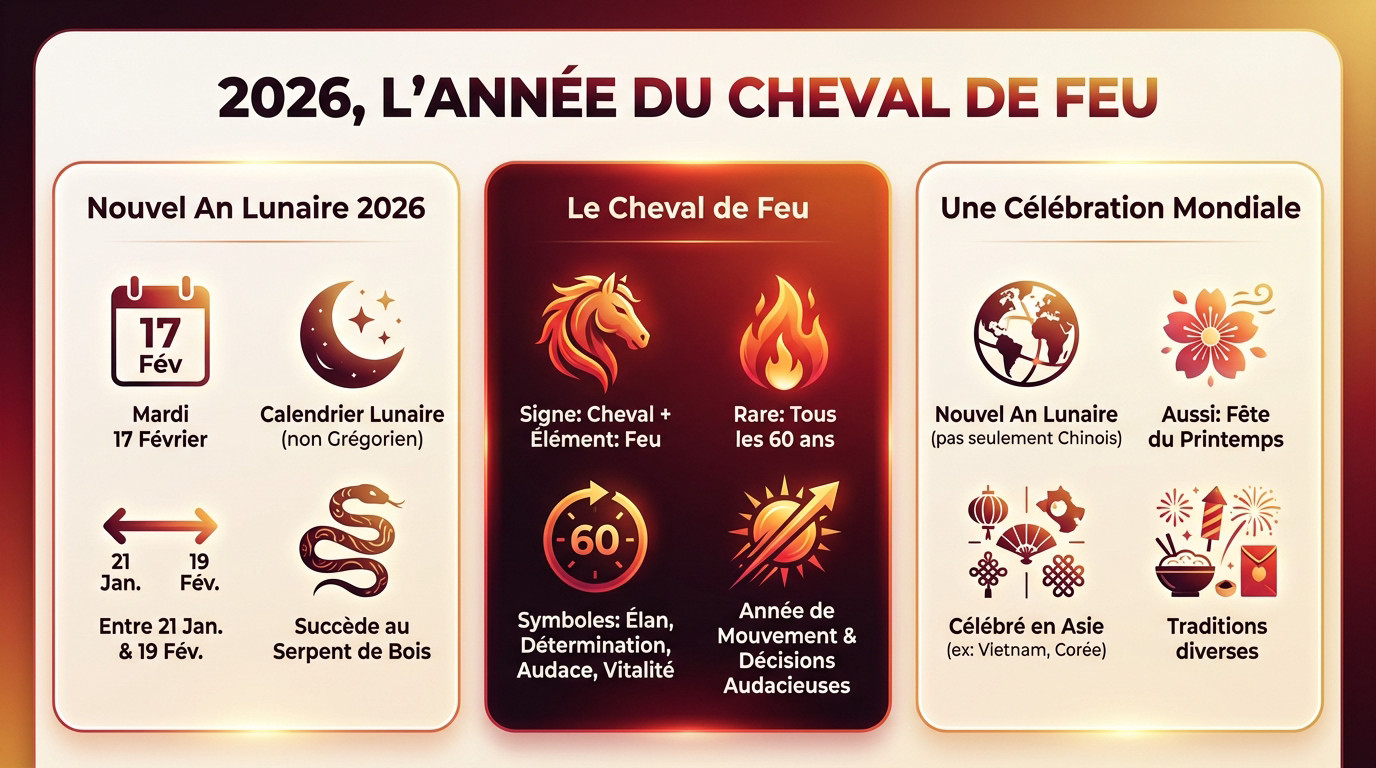 Infographie sur l'année du Cheval de Feu 2026 et ses caractéristiques astrologiques