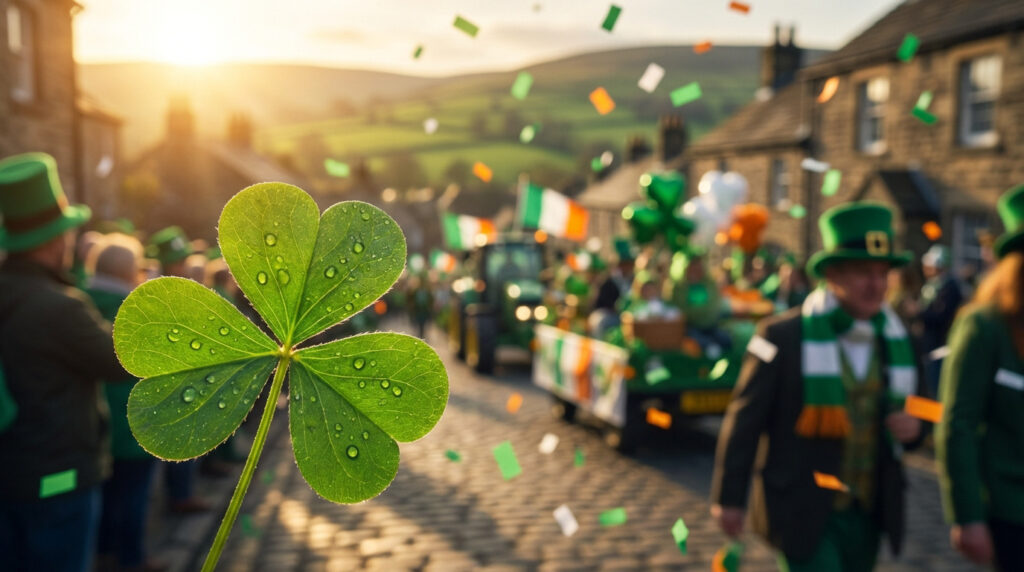 Trèfle en gros plan devant un défilé festif de la Saint-Patrick. Personnes en vert, drapeaux irlandais, confettis et soleil couchant.