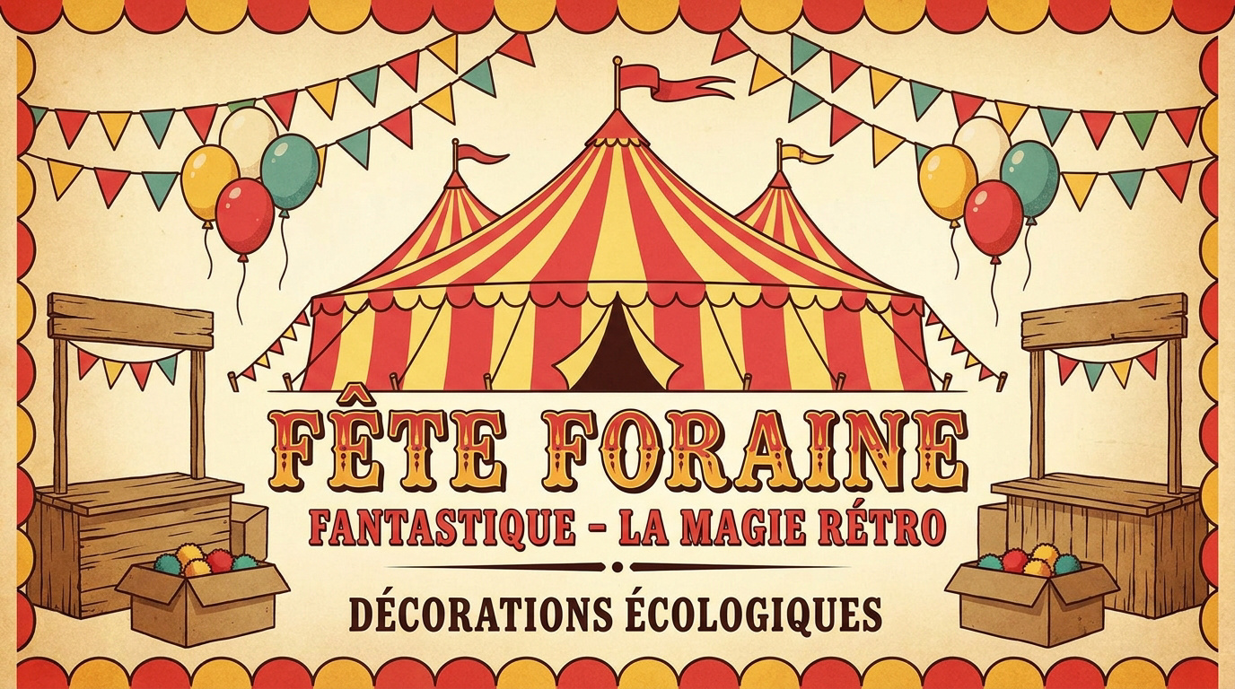 Décoration de kermesse vintage avec guirlandes et stands en bois style fête foraine