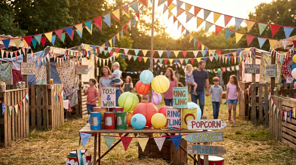 Une kermesse joyeuse et colorée en plein air, avec des familles participant à des jeux comme le lancer d'anneaux et des stands décorés de guirlandes et lampions.