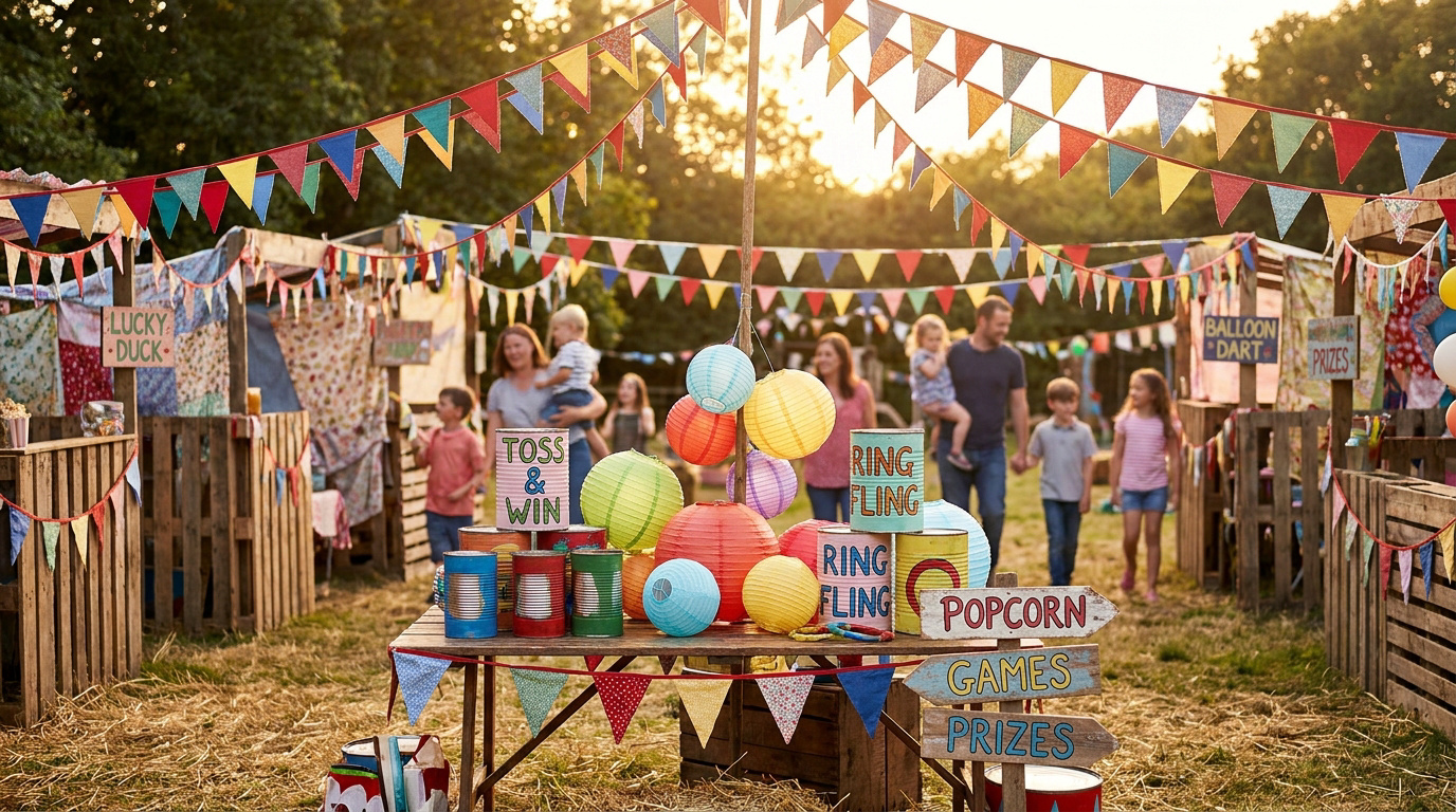 Une kermesse joyeuse et colorée en plein air, avec des familles participant à des jeux comme le lancer d'anneaux et des stands décorés de guirlandes et lampions.