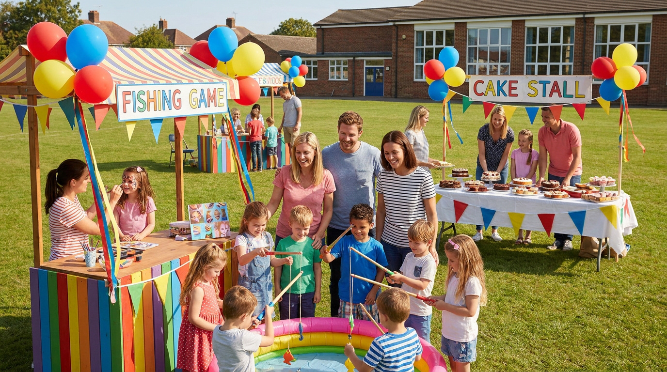 Kermesse d'école animée : enfants jouant à la pêche et maquillages, parents aux stands de gâteaux et ballons colorés.
